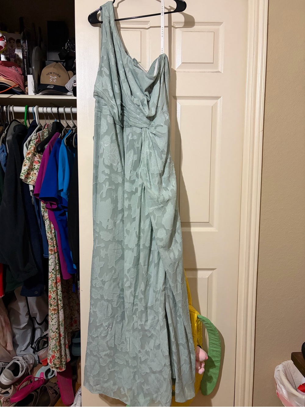Azazie One-Shoulder Dusty Sage Floral Jacquard Gown